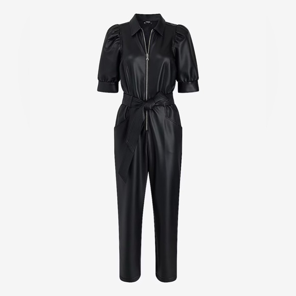 NWT Express L Faux Leather Black Puff Sleeve Tie Waist Straight Leg Jumpsuit - Picture 7 of 11